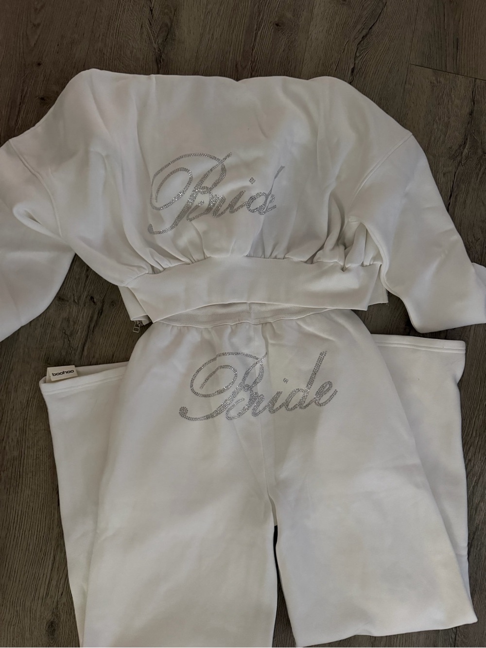 Boohoo White Crystal 'Bride' Sweat Set